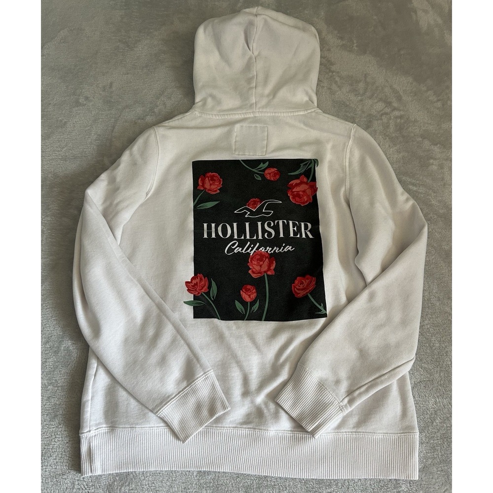 Hollister Red Roses Graphic Hoodie L White Y2k California Casual Surfer Skater